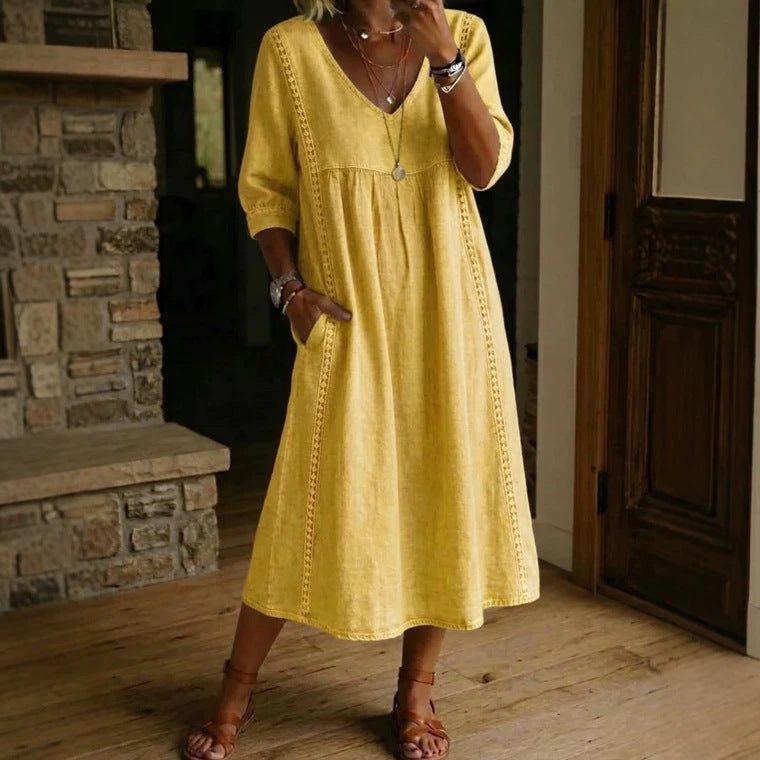 Casual Loose Stitching Lace Cotton Linen Dress