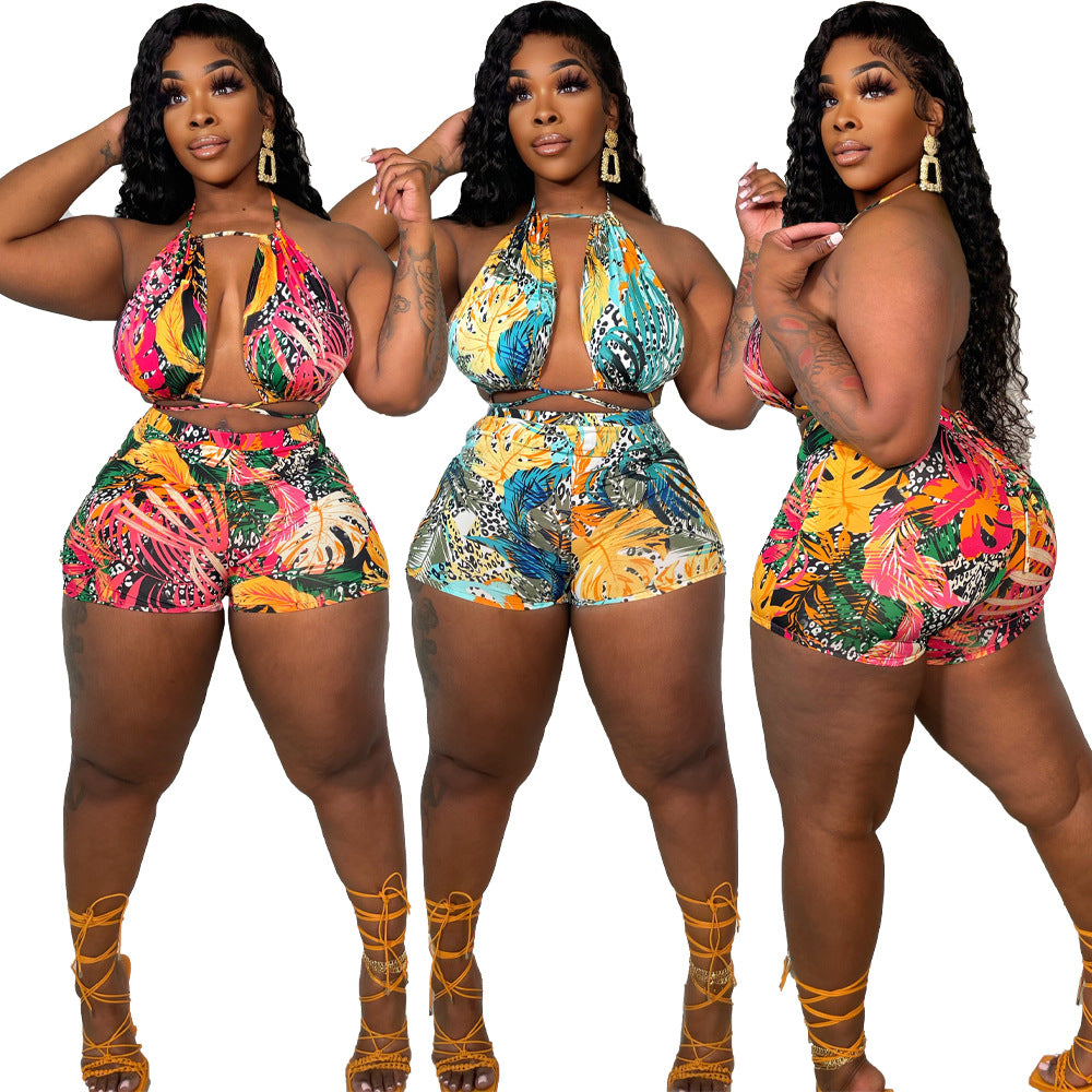 Women's Printed Sleeveless Strap Two-piece Set Fashion Casual Suit