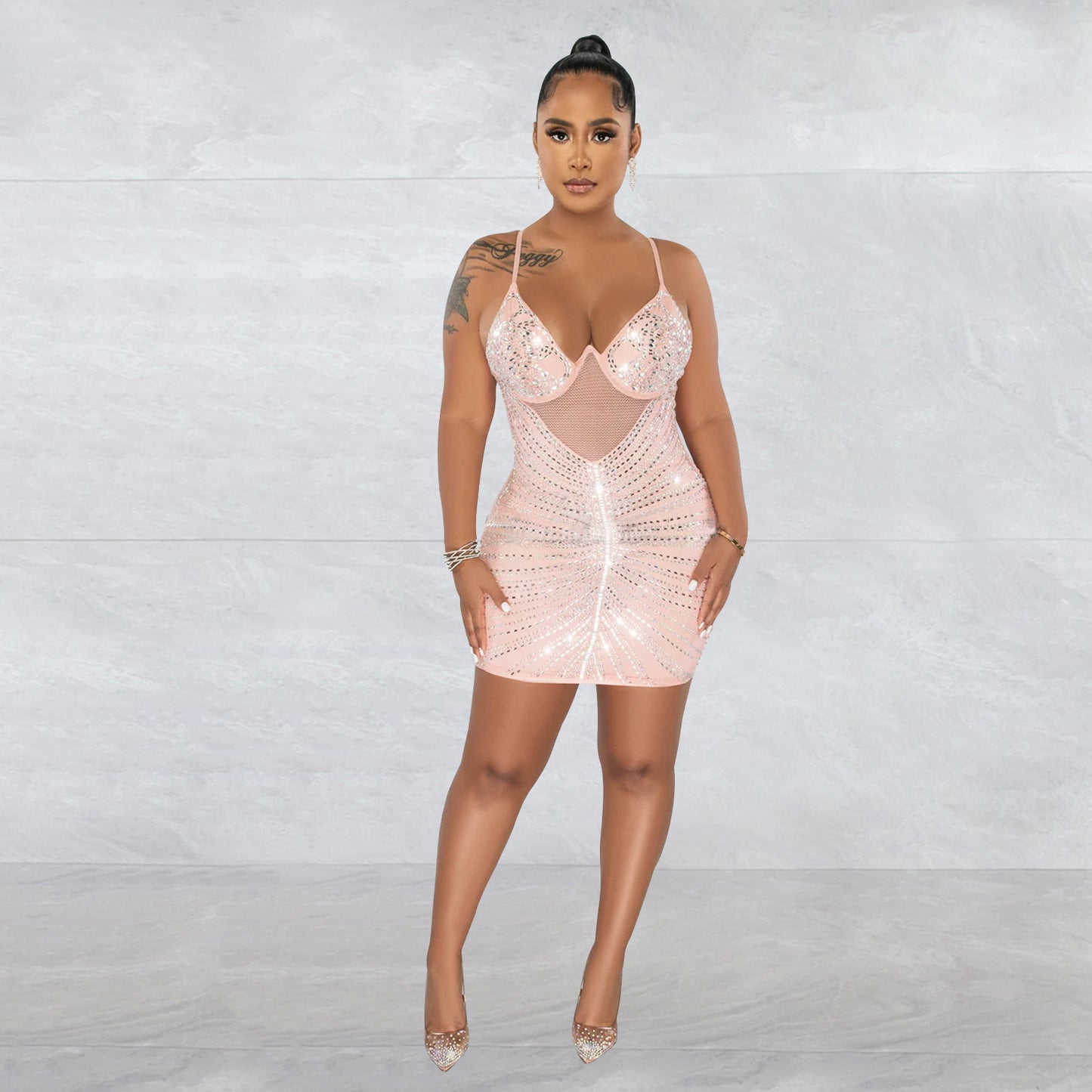 Women's Fashion Wear Rhinestone Mesh Camisole Sleeveless Dresses