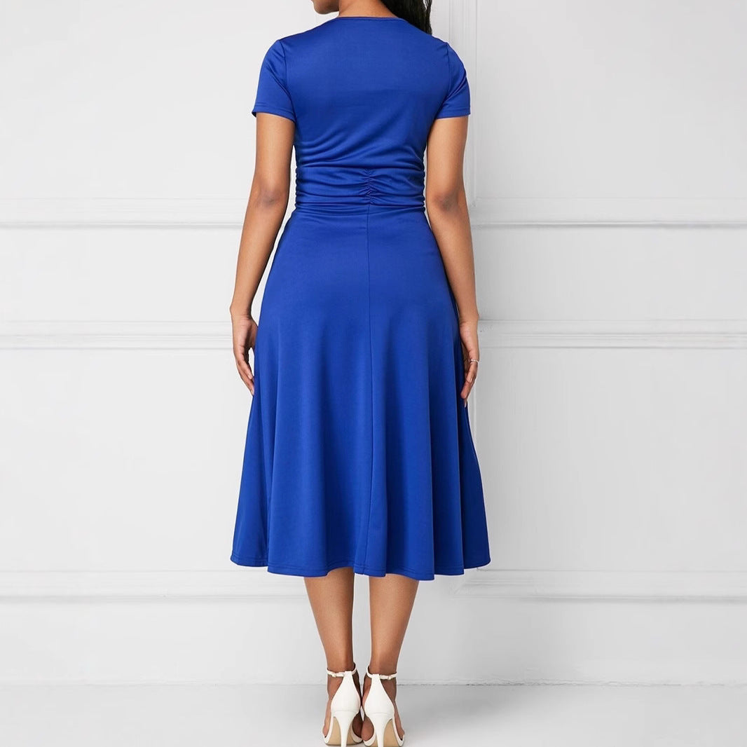 Women's Ladies Elegant Sexy Asymmetric Large Swing High Waist Mid-length Solid Dress