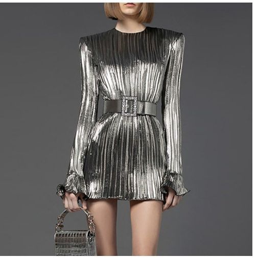 Women's Round Neck Pleated Stitching Polyester Waist Dresses