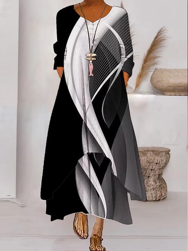 Women's Popular Printed Long-sleeved Hem Irregular Long Dress