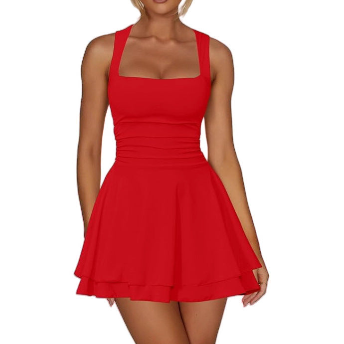 Women's Square Collar Waist Pleated Hem Mini Dress