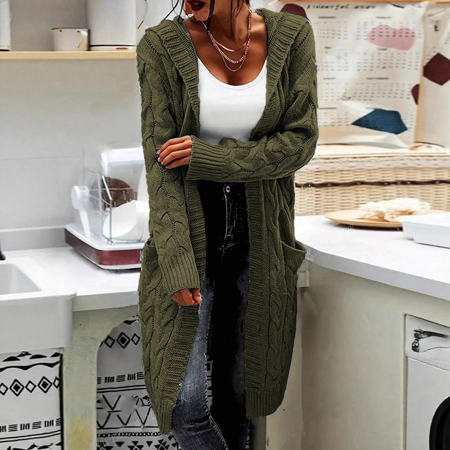 Women's Hooded Solid Color Long Twist Pocket Knitwear