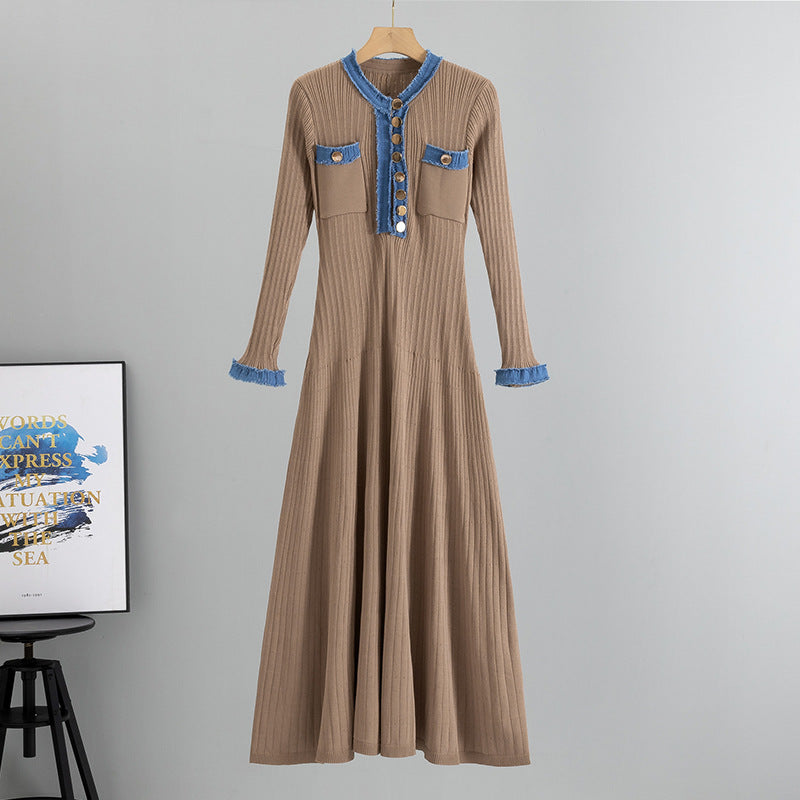 Women's Elegant Denim Stitching Contrast Color Long Dresses