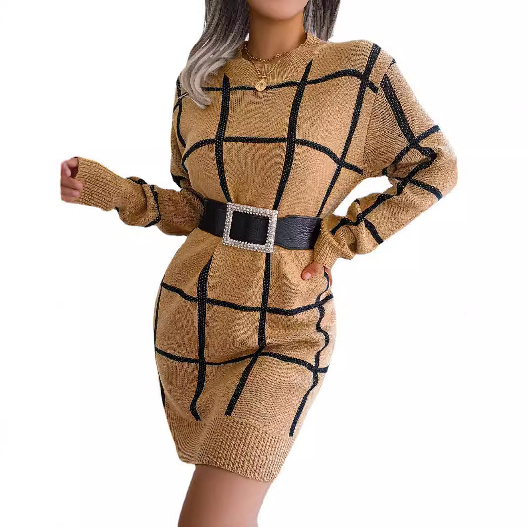 Women's Casual Contrast Color Plaid Long Sleeve Dress