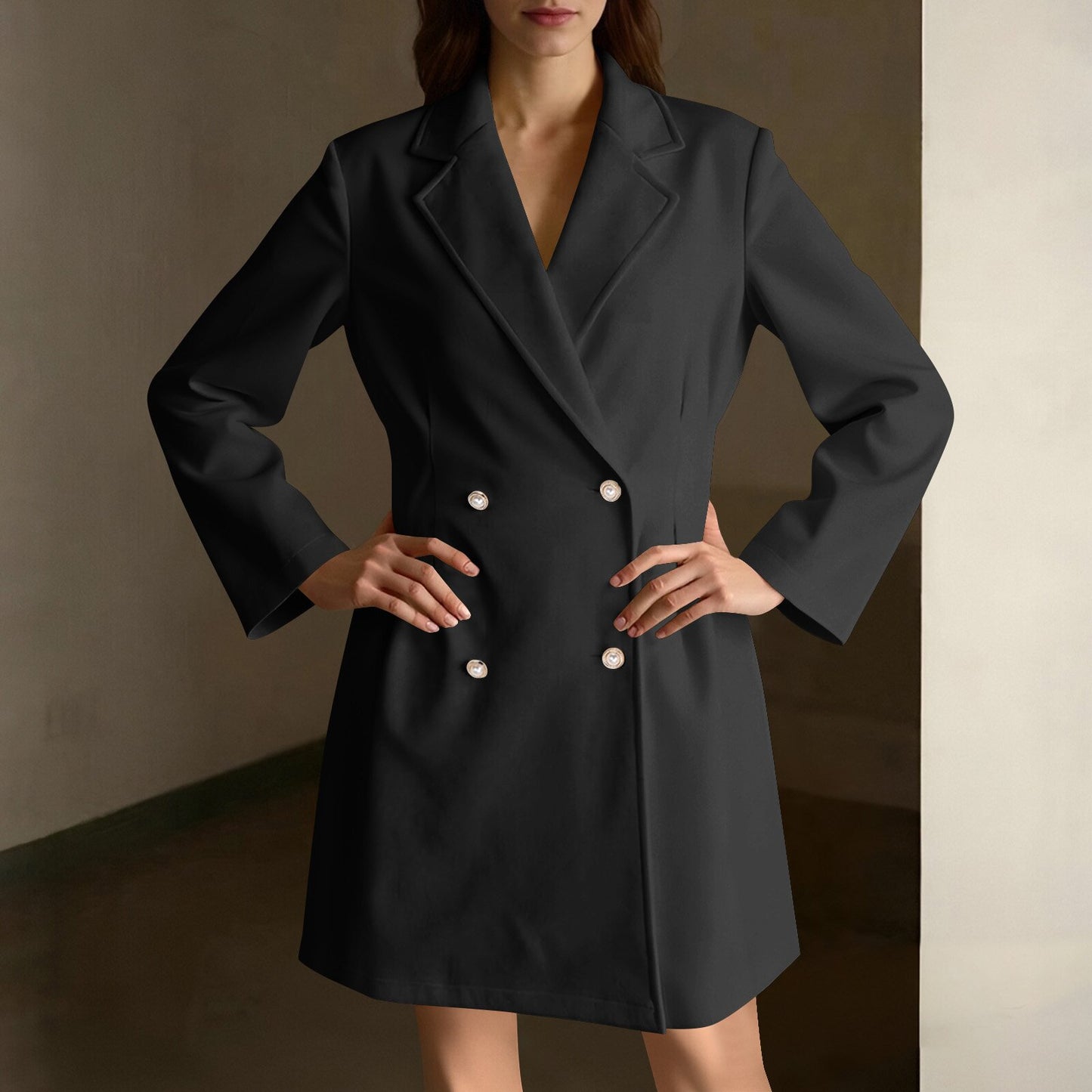 Style Pearl Fastener Decoration Solid Color Coats