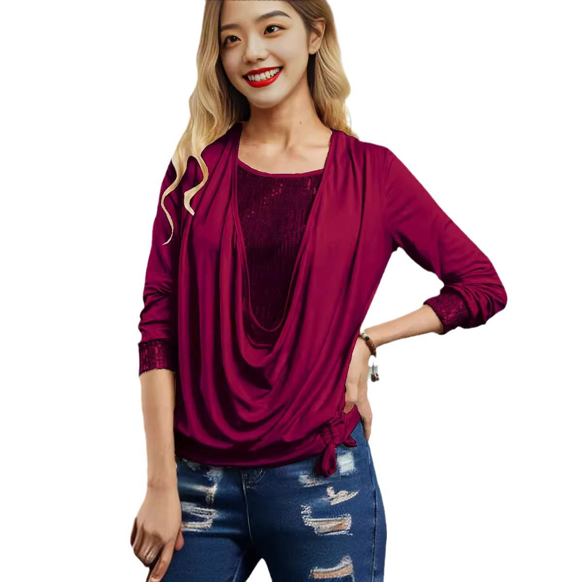 Women's Contrast Solid Color Long-sleeved Large Drop Blouses