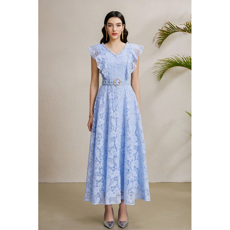 Women's Flying Sleeve Dress Mesh Embroidered Waist Dresses