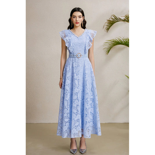 Women's Flying Sleeve Dress Mesh Embroidered Waist Dresses
