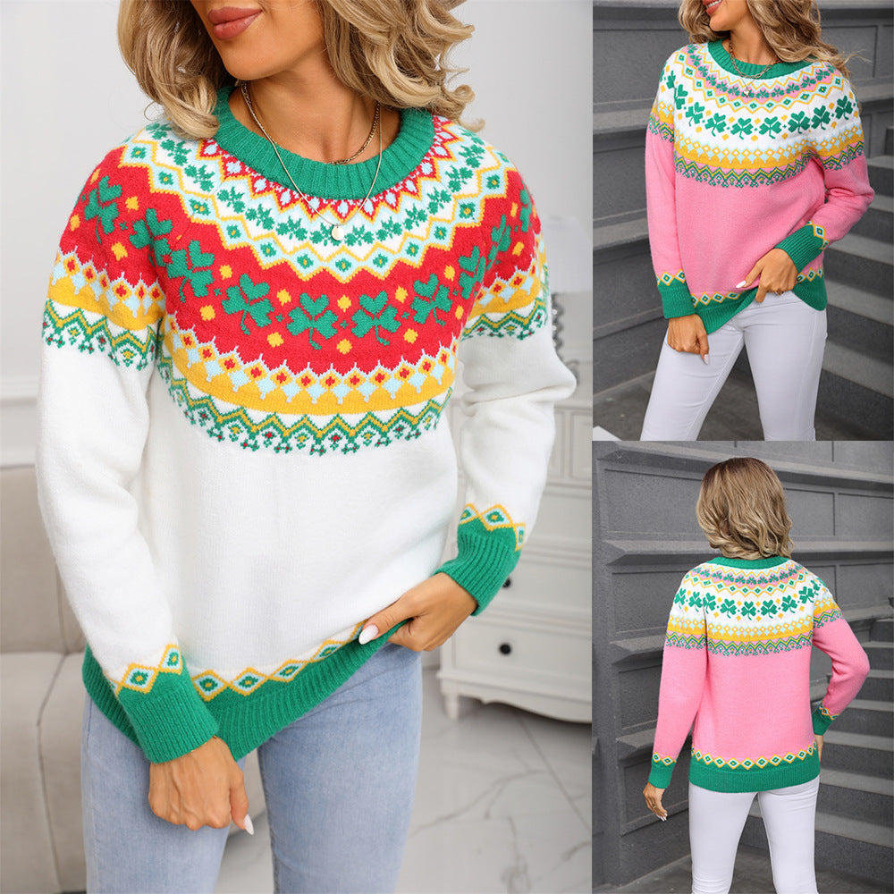 Women's Green Pullover Christmas Fashion Jacquard Personalized Sweaters
