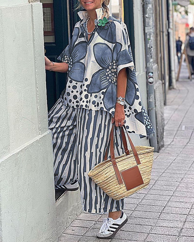 Women's Summer Lapel Loose Flower Print Set Fashion Casual Suit