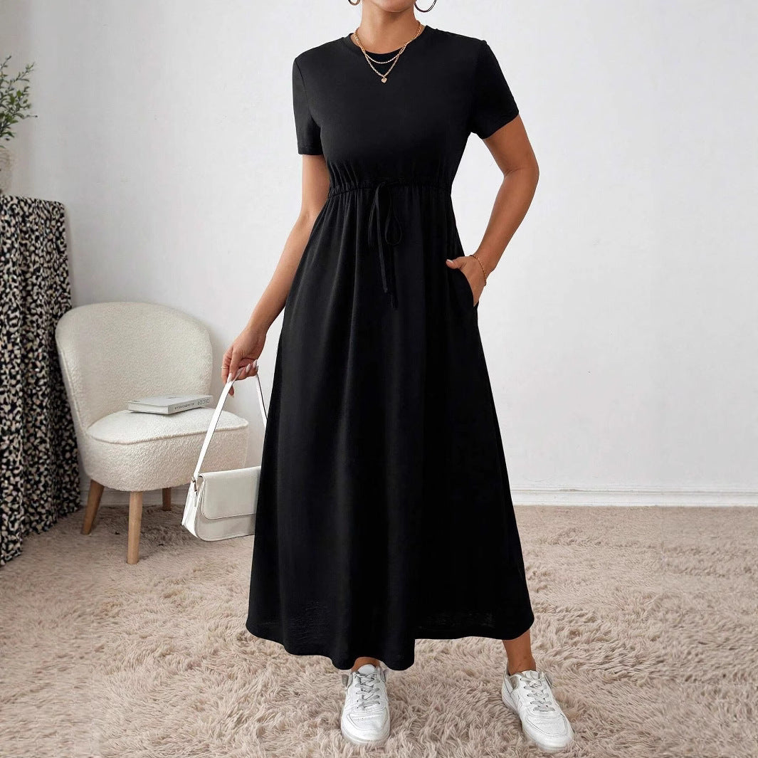 Women's Neck Solid Color Sleeve Drawstring Waist Shorts