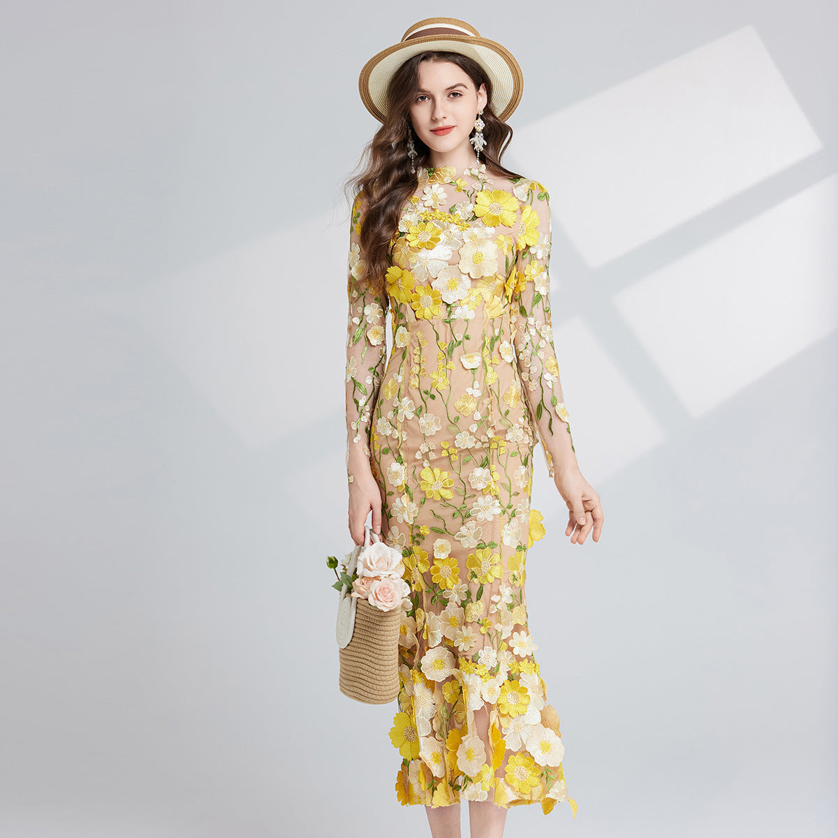 French Entry Lux Embroidered Three-dimensional Flower Long Dresses