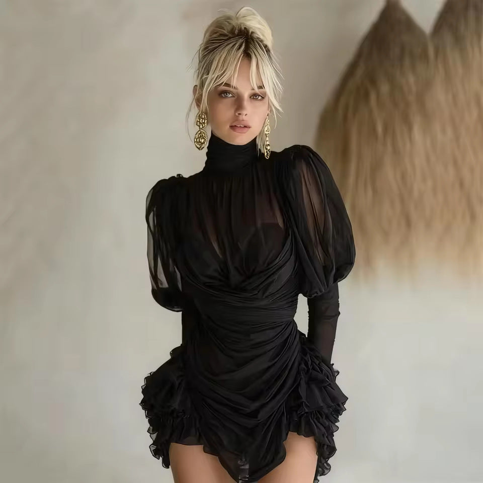 Women's Autumn Ruffled Brown Turtleneck Pleated Stitching Dresses