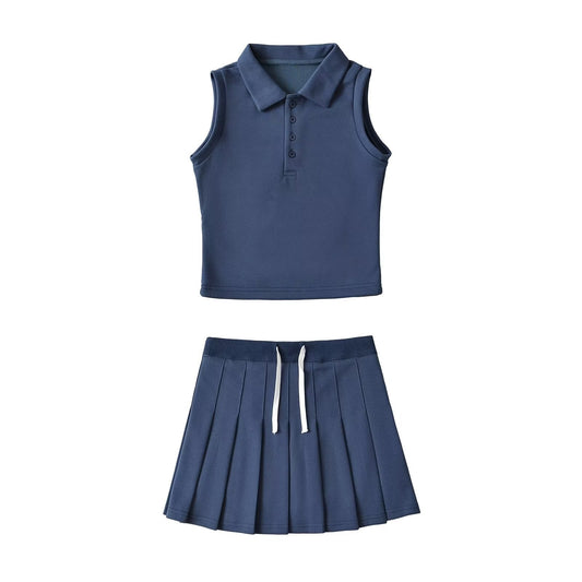 Color Collar Sleeveless Elastic Waist Tennis Suits