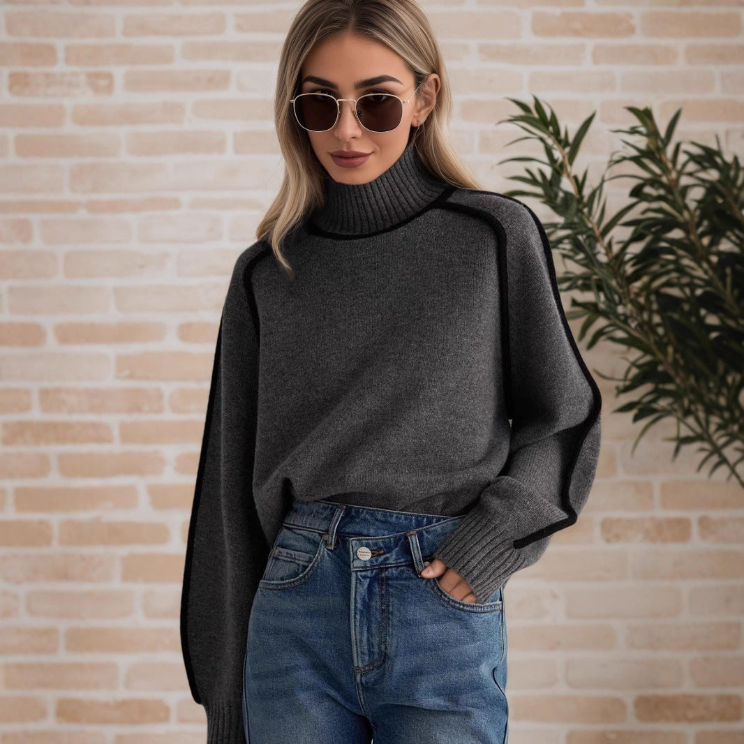 Turtleneck Three-dimensional Striped Slimming Casual Loose Sweaters