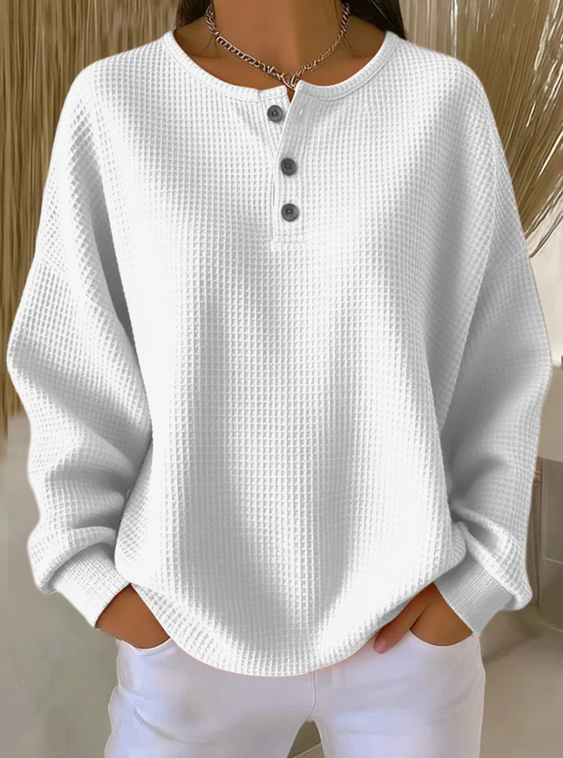 Round Neck Waffle Solid Color Pullover Women's Sweater