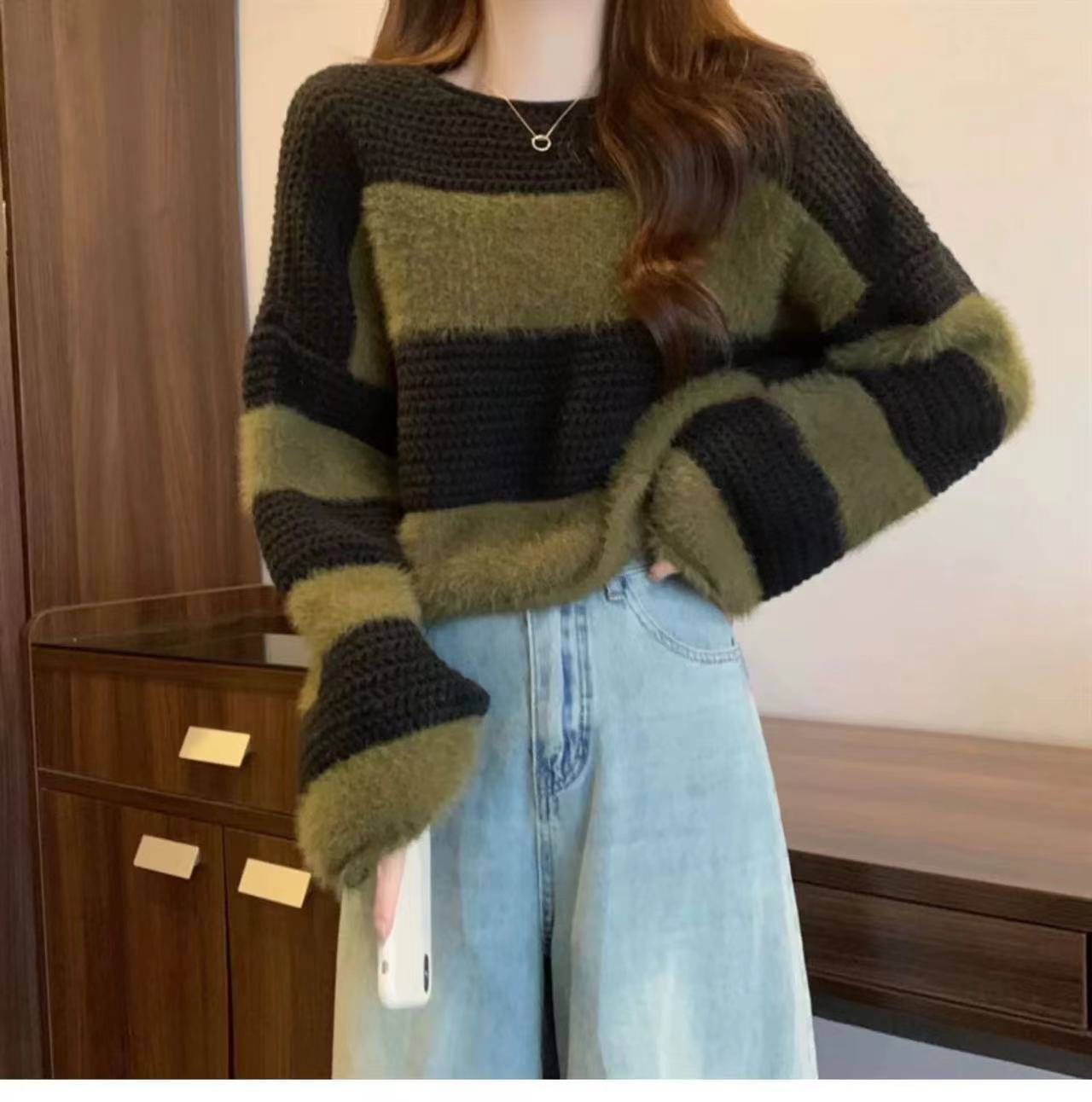 Women's Retro Loose Milk Lazy Striped Long Sleeve Tops