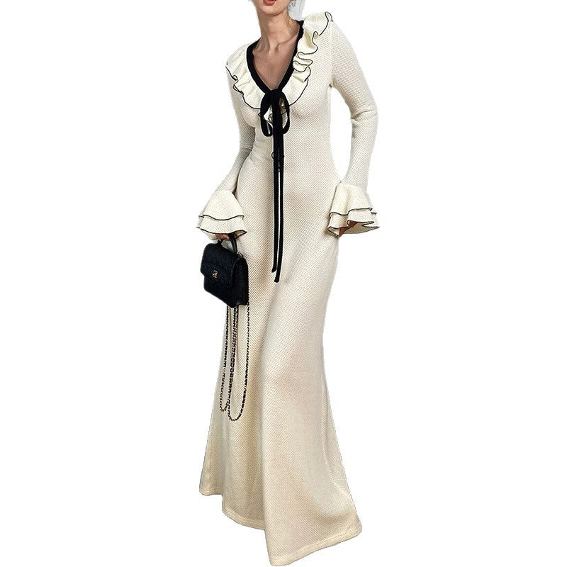 Women's Autumn Ruffled Knitted White Dress Clothing