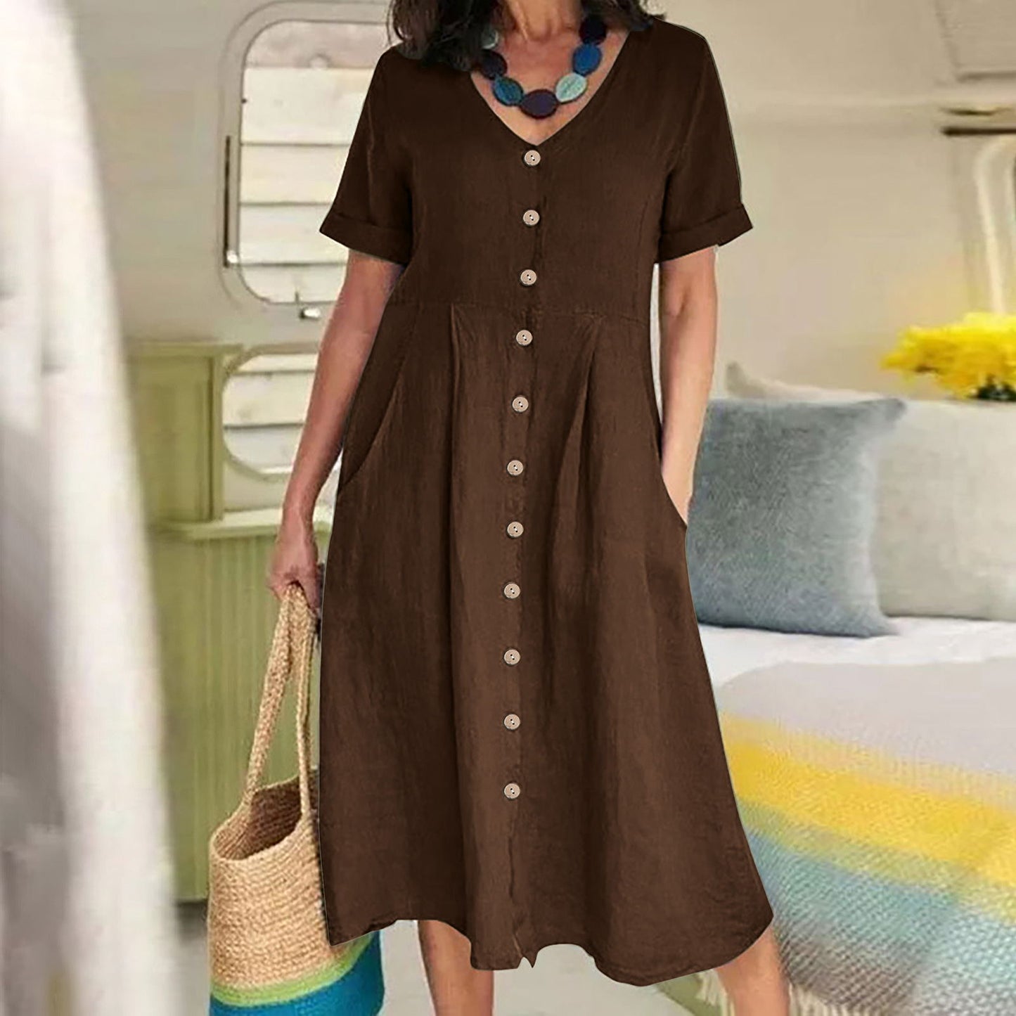 Solid Color Loose High Waist Cotton Dresses