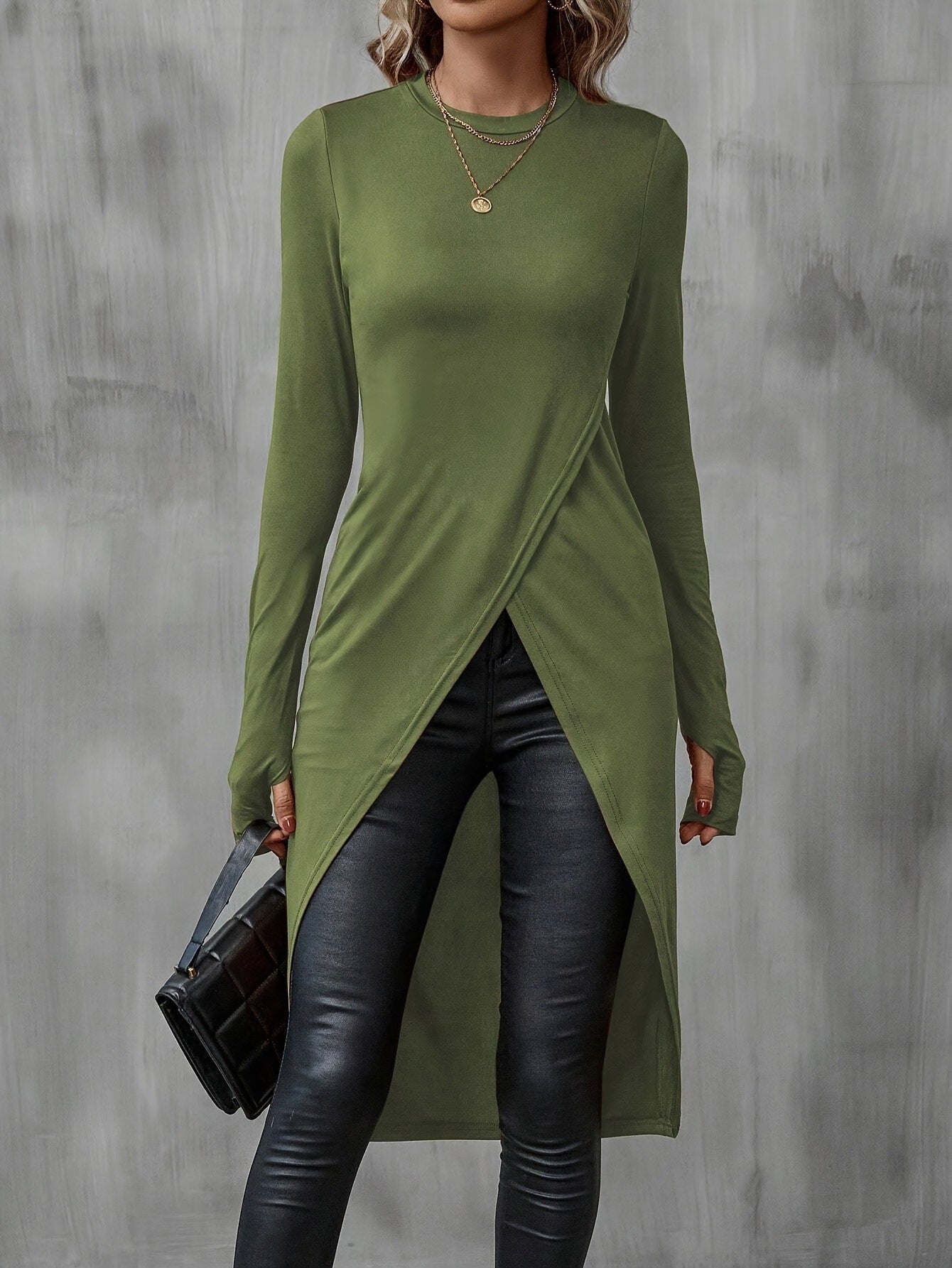 Simplicity Solid Color Long Sleeve Split Mid-length Dress