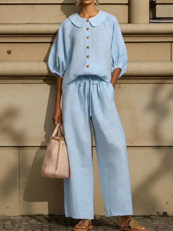 Women's Cotton Linen Lantern Sleeve Shirt Drawstring Fashion Casual Suit