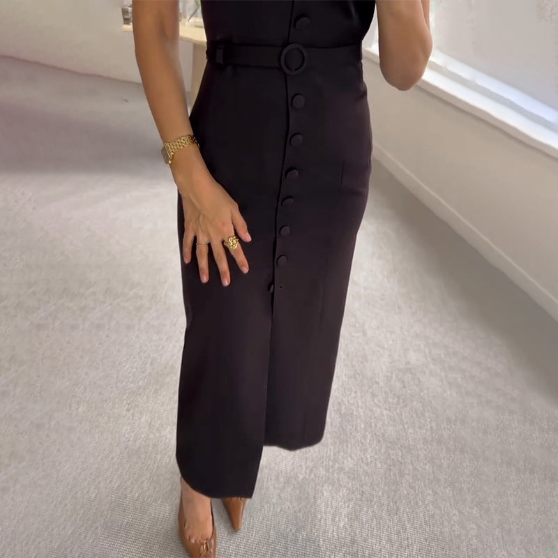Solid Color Round Neck Sleeveless Split Dresses