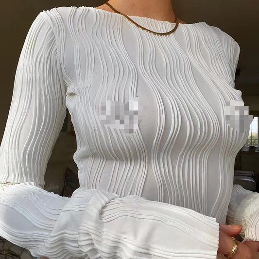 Women's Temperament Patchwork Pullover Long Sleeve Round Neck Slim Blouses