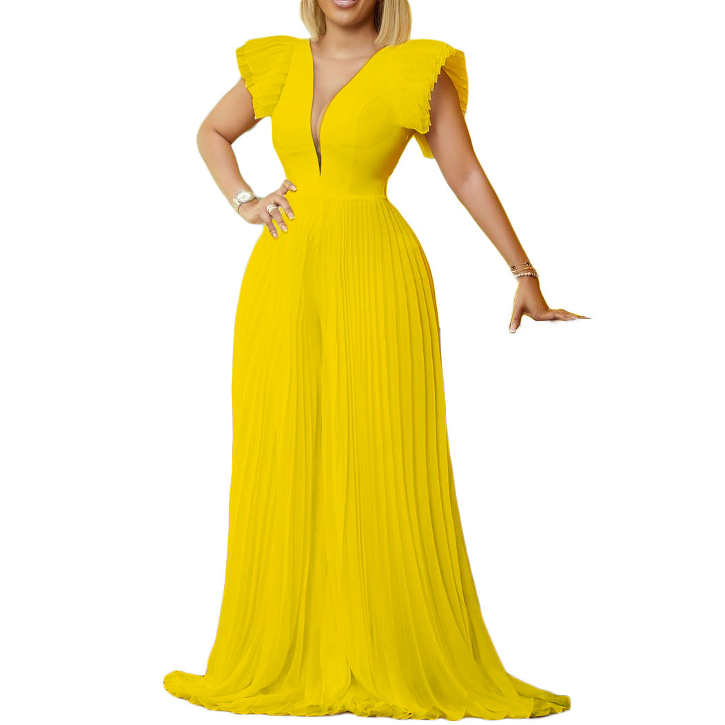 Flounced Sleeve Elegant Pleated Stitching Deep Pants