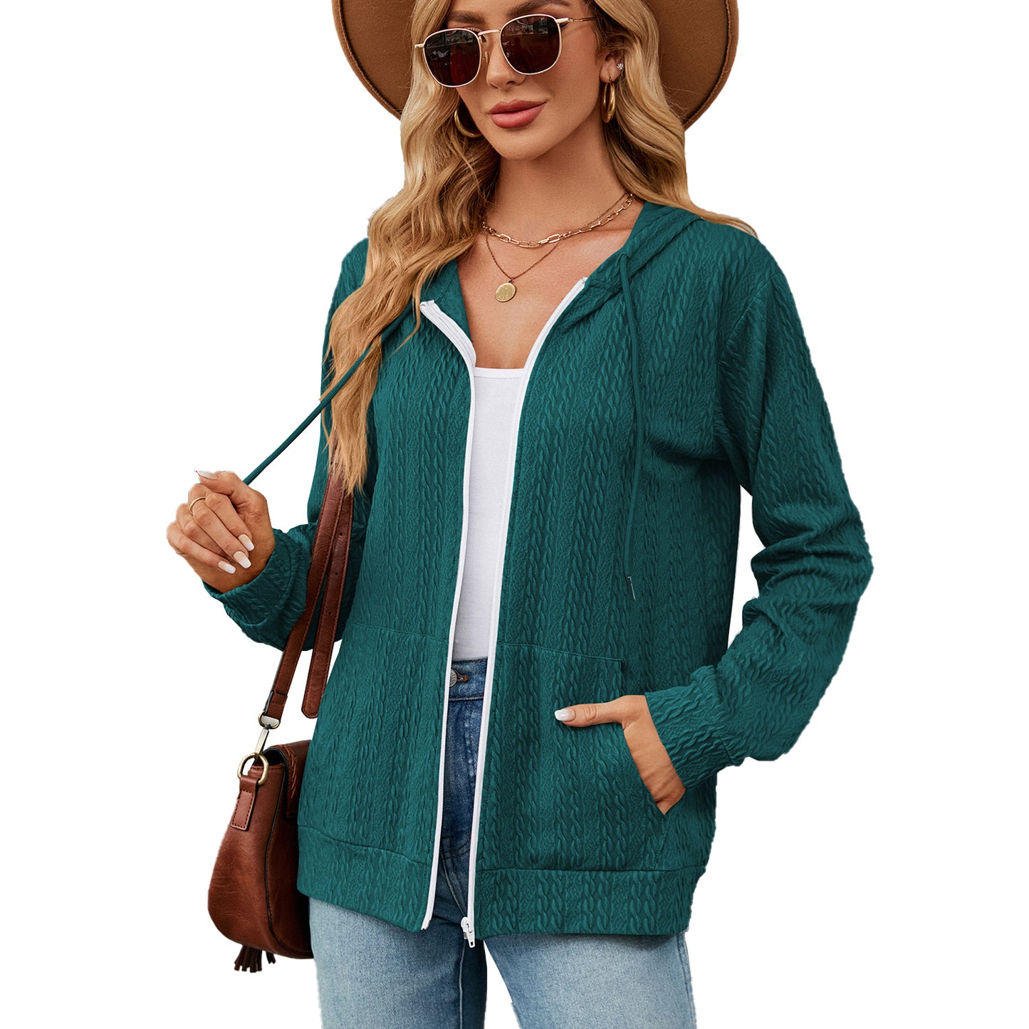 Women's Loose Long Sleeve Hooded Zip Pocket Cardigans