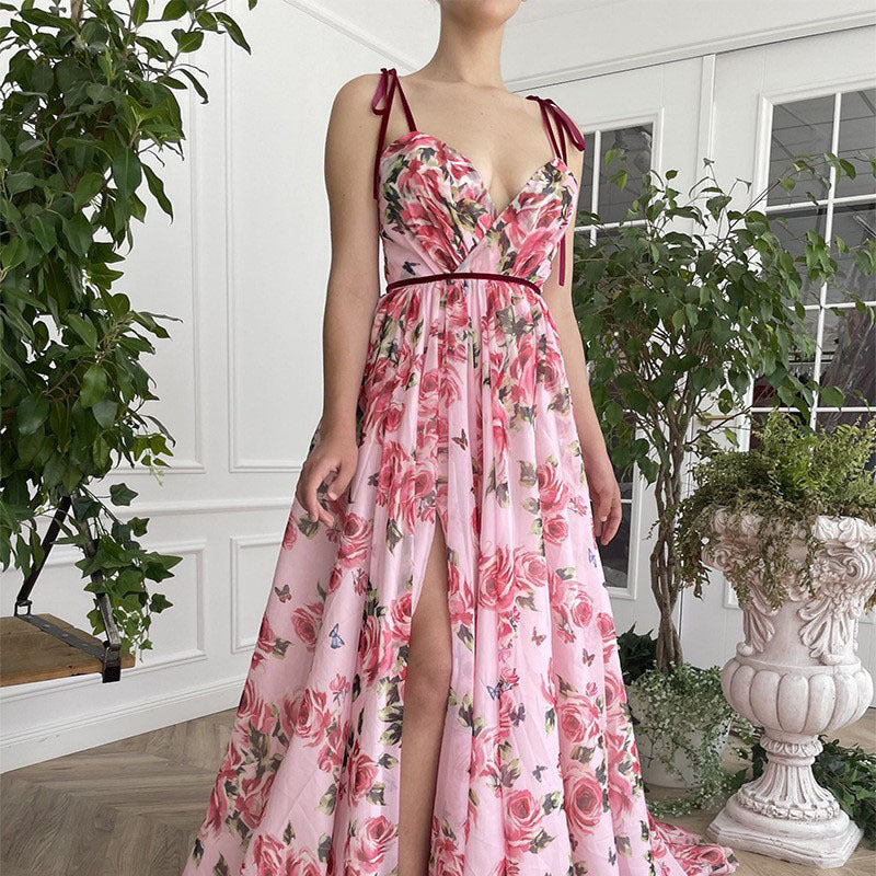 Women's Vintage Printed Long Sexy Sling Beach Casual Dress