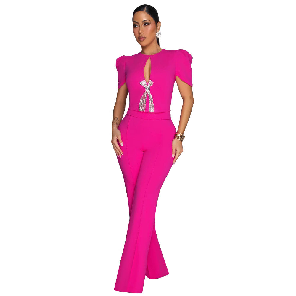 Women's Personalized Line Bow Decoration Short-sleeved Casual Jumpsuits