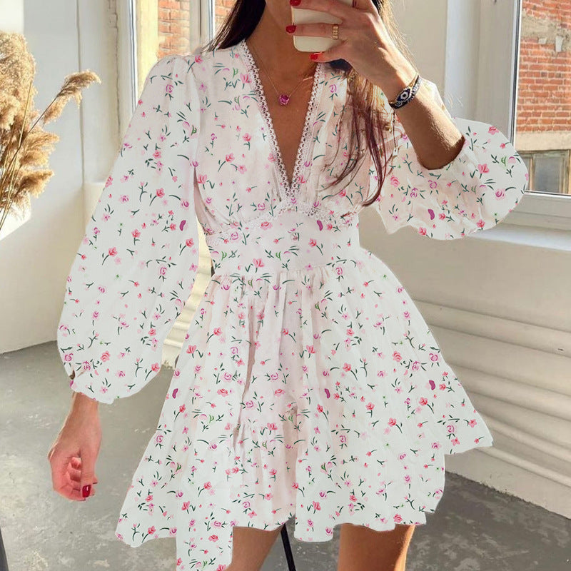 Women's Spring Sweet Printed Lace Long Sleeve Dresses
