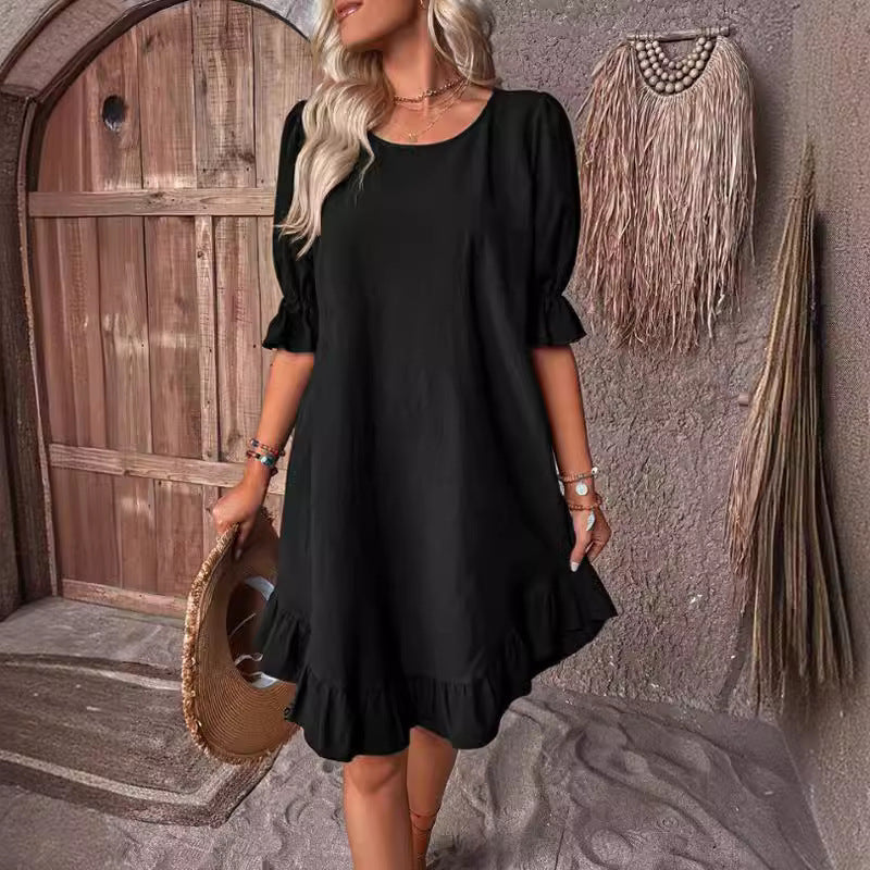 Women's Cotton Linen Half Sleeve Round Neck Solid Color Loose Big Dress
