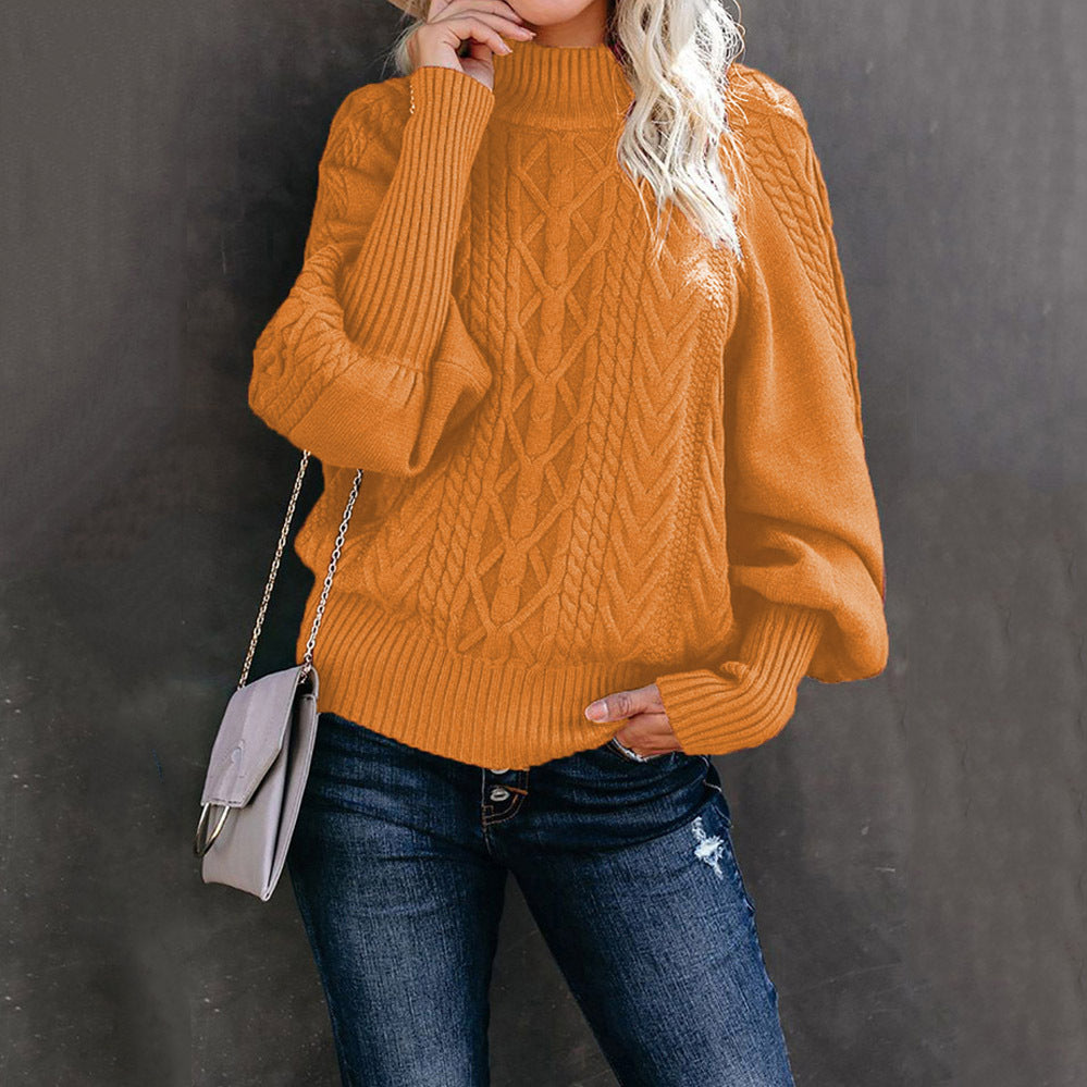 Women's Round Neck Knitted Solid Color Long Lantern Sleeve Sweater