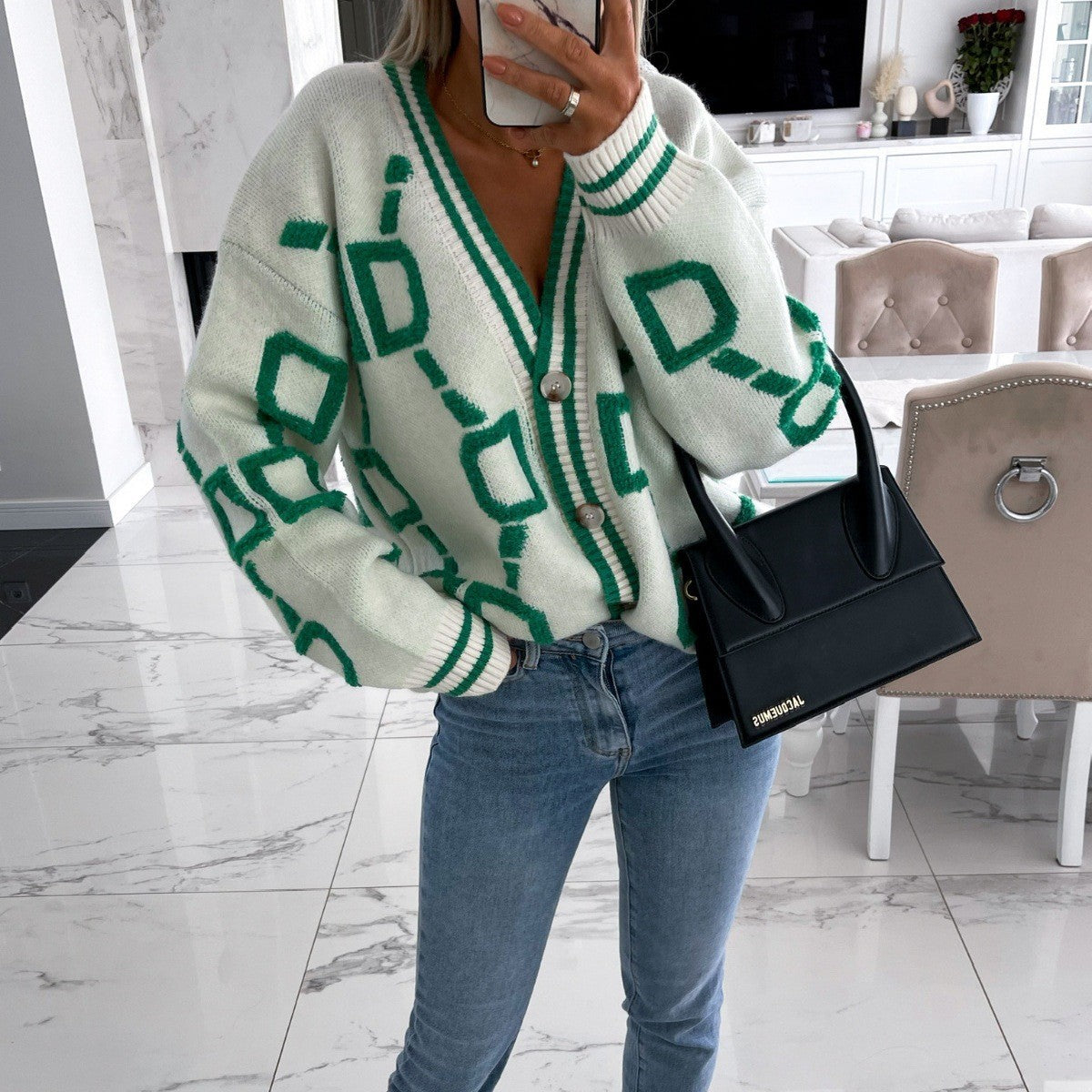 Women's Single Breasted Geometric Knitted Loose Coats