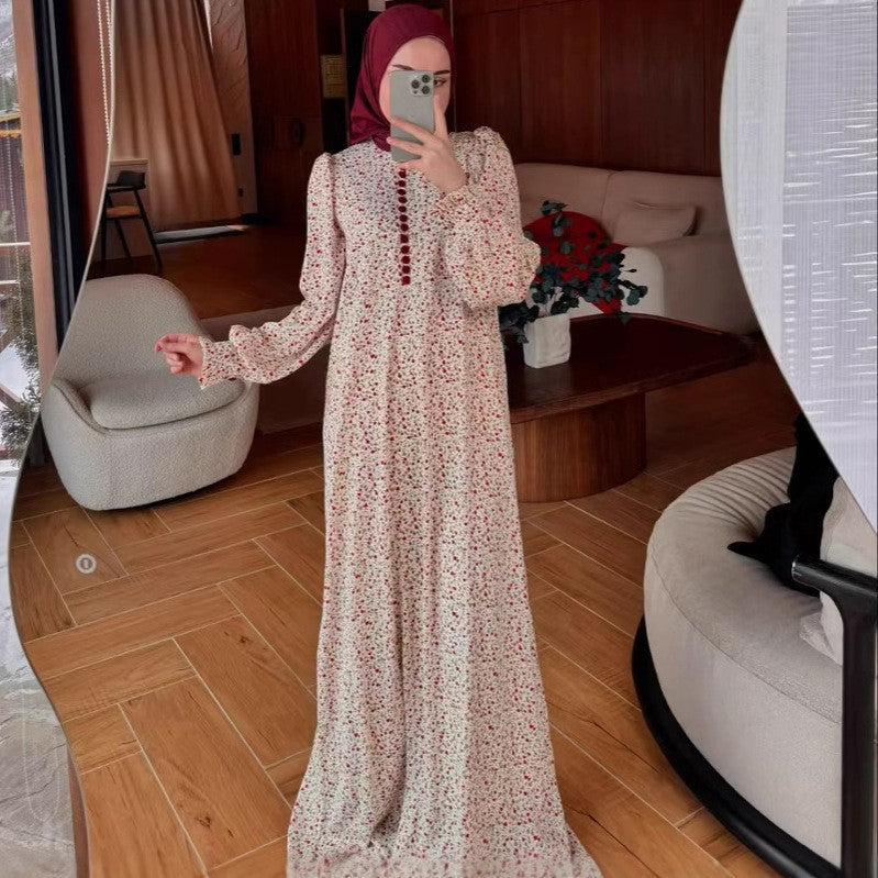 Women's Muslim Wear Floral Long-sleeved Large Swing Dresses