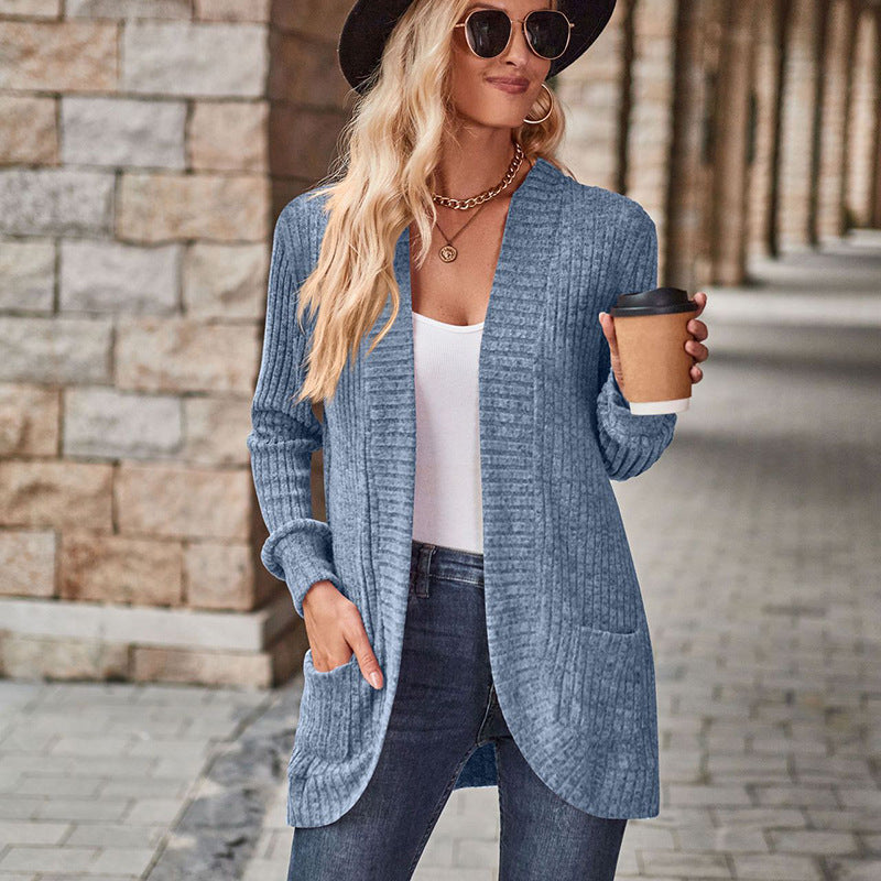 Sleeve Solid Color Rib Fabric Brushed Stitching Women's Sweater
