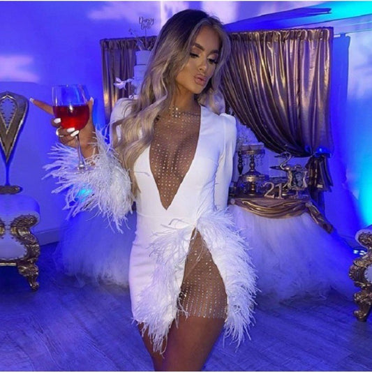 Women's Mesh Stitching Feather Decoration Slim Dress Dresses