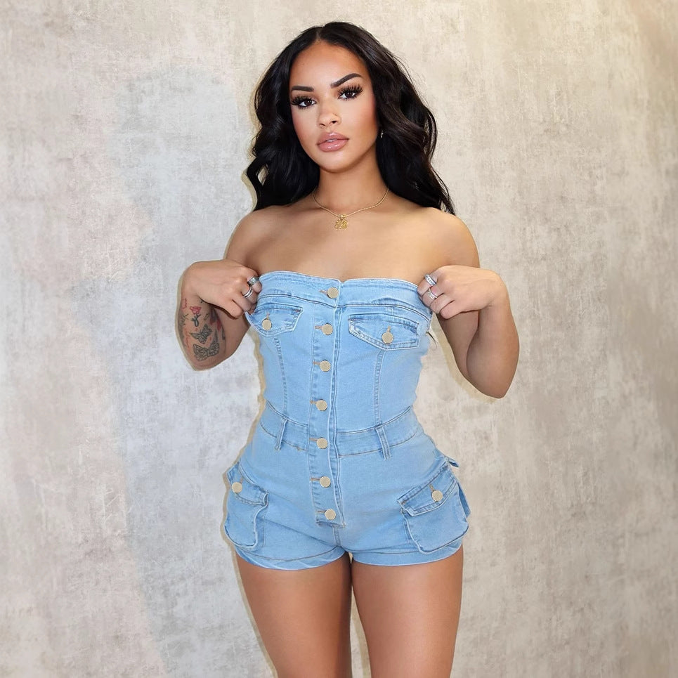 Women's Glamorous Summer Tube Stretch Denim Suits