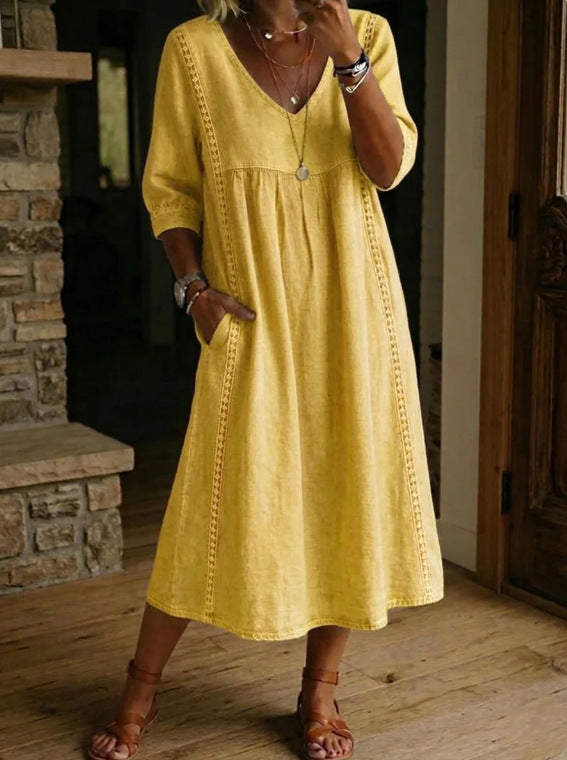 Casual Loose Stitching Lace Cotton Linen Dress