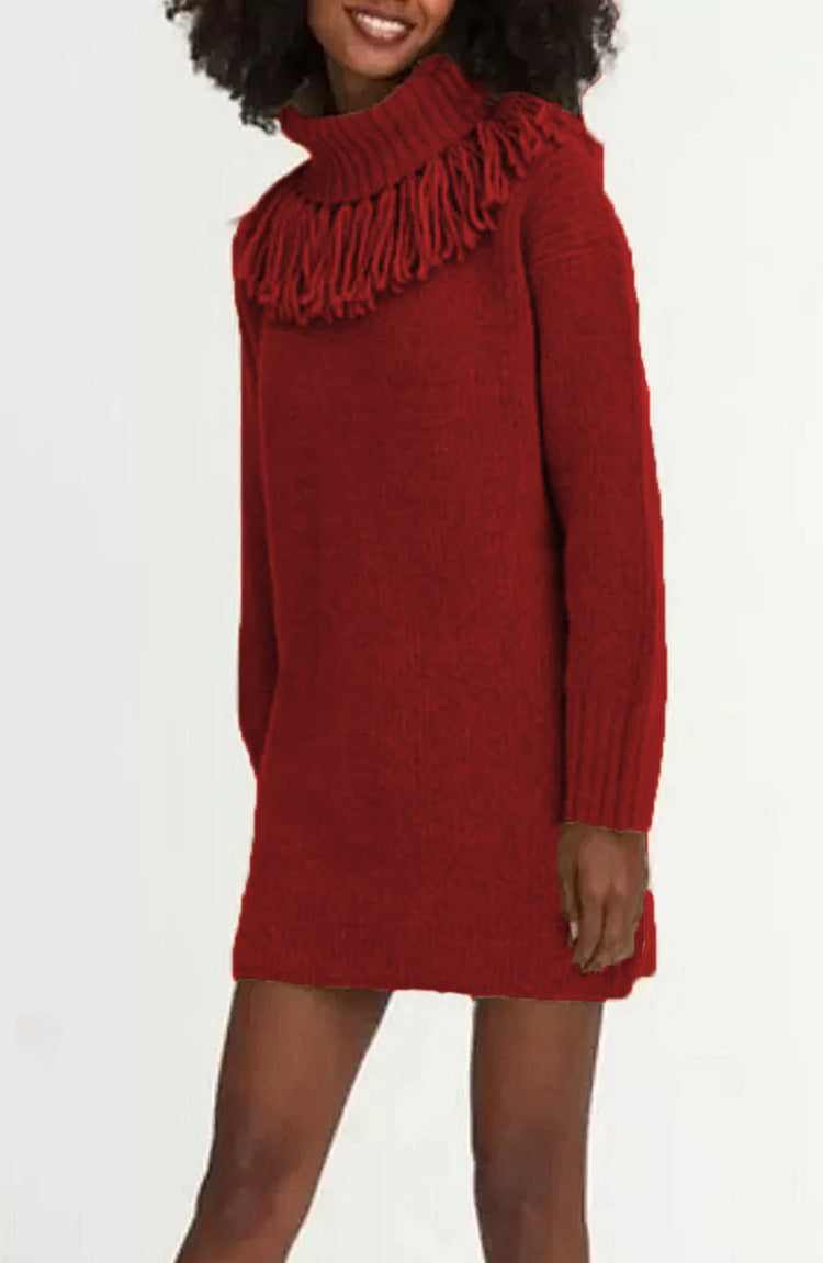 Knitted Tassel Bucket Turtleneck Dress Mid-length Women's Sweater