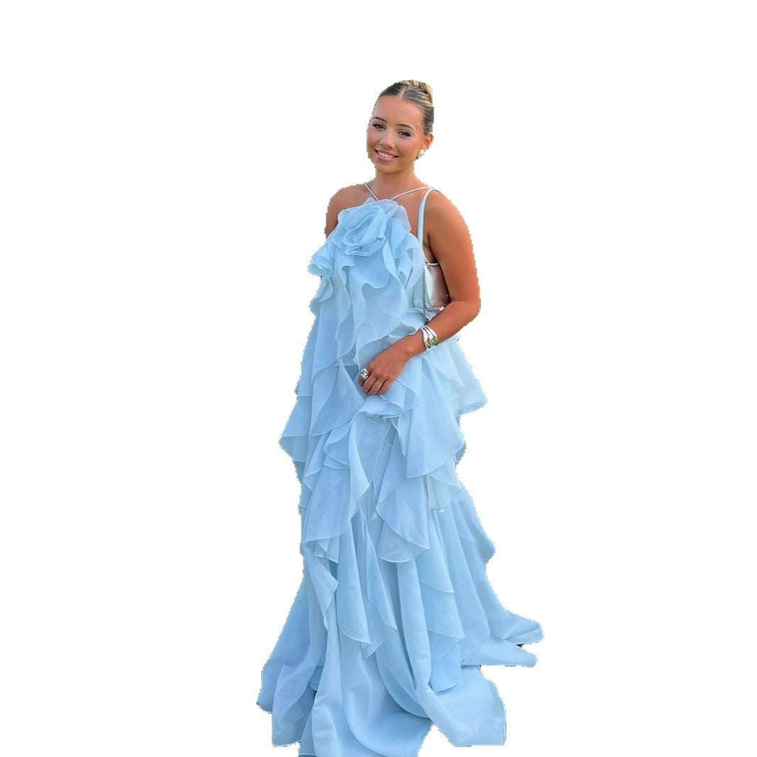 Women's Vacation Style Three-dimensional Flowers Halter Backless Ruffled Dresses