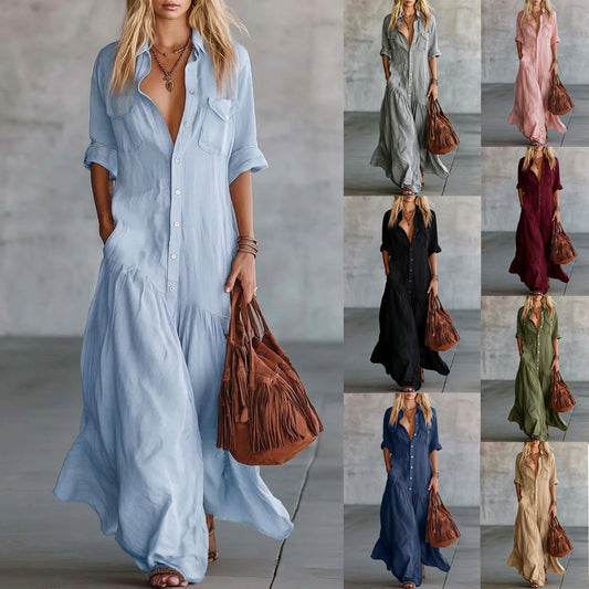 Long Shirt Collar Button Fashion Patchwork Dress