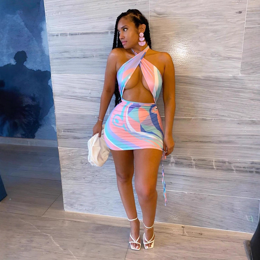 Women's Fashion Sexy Cross Halter Drawstring Two-piece Skirts
