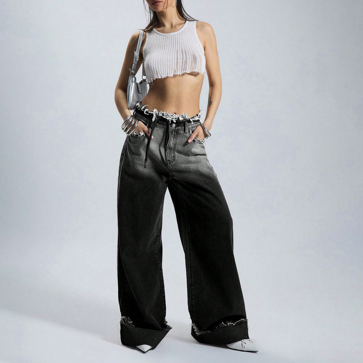 Women's Brushed Gradient Hot Autumn Low Waist Baggy Straight Trousers Jeans