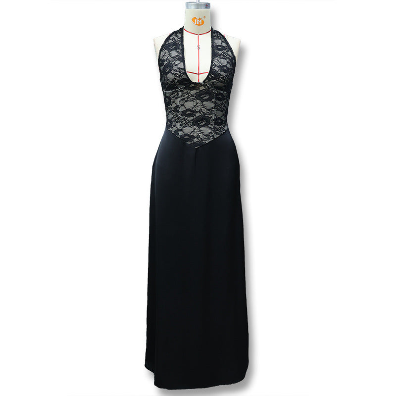 Women's Sexy Deep Lace Stitching Sleeveless Slim Dress