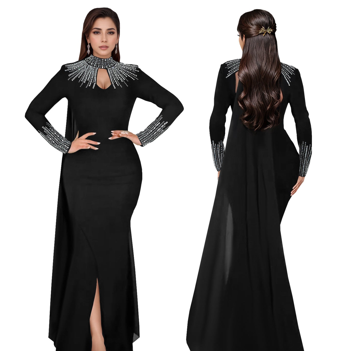 Women's Fashion Wear Elegant Rhinestone Long Sleeve Dresses