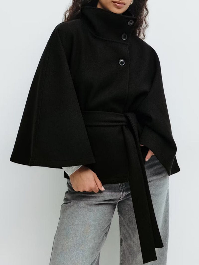 Women's Fashion Solid Color Cloak Stand Collar Button Coats